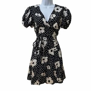 Urban Outfitters Jocelyn Floral Print Puff Sleeve Wrap Mini Dress Size M Black